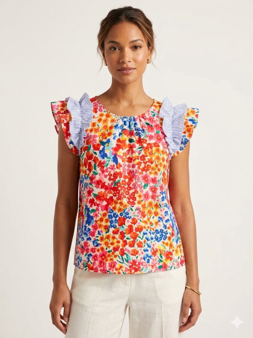 JODIFL Multicolor Floral Ruffle-Sleeve Blouse Size Small